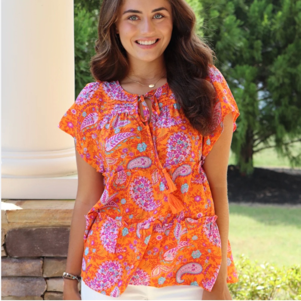 NWT Easel Camile Orange Purple Pink Floral Paisley Top Blouse Size Medium